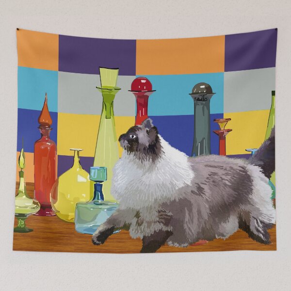 Item preview, Cat and Colorful Glass Bottles – Retro Whimsical Illustration designed and sold by MidModMagic.