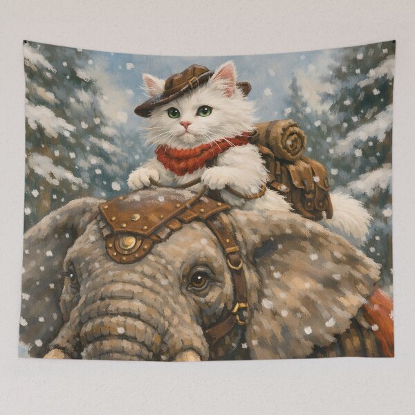 Item preview, Whimsical Cat Riding Elephant – Winter Snow Adventure Art designed and sold by Luvahawb.