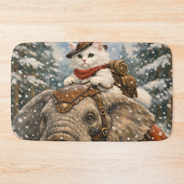 Item preview, Whimsical Cat Riding Elephant – Winter Snow Adventure Art designed and sold by Luvahawb.