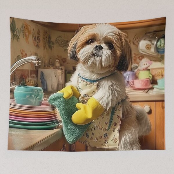 Item preview, Cute Shih Tzu Washing Dishes – Adorable Kitchen Dog Art designed and sold by AmetistLight.