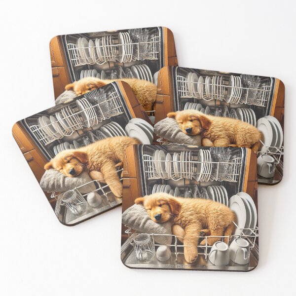 Item preview, Sleepy Golden Retriever Puppy in Dishwasher – Cute Funny Dog Art designed and sold by AmetistLight.