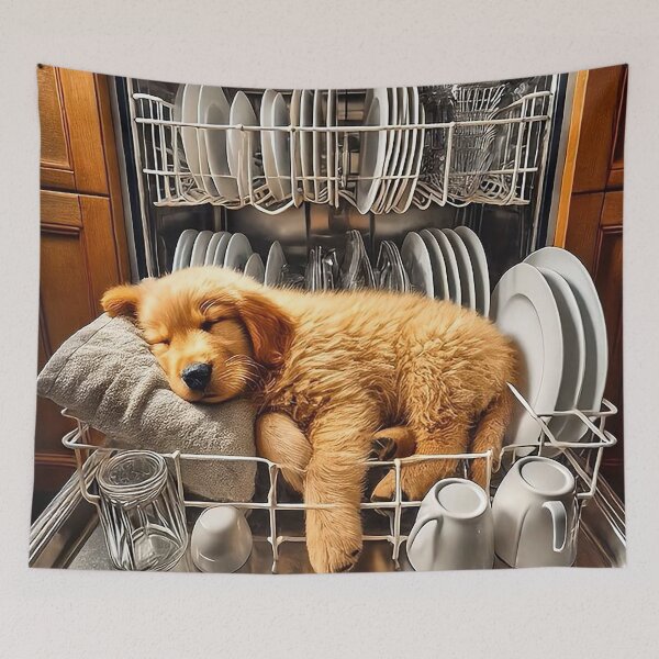 Item preview, Sleepy Golden Retriever Puppy in Dishwasher – Cute Funny Dog Art designed and sold by AmetistLight.