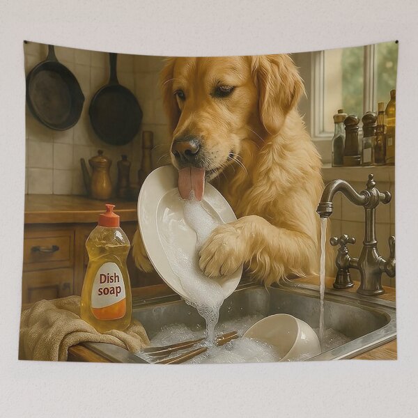Item preview, Golden Retriever Washing Dishes – Funny Kitchen Dog Art designed and sold by AmetistLight.