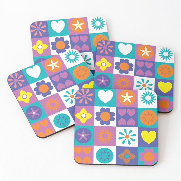 Item preview, Retro-inspired stylized flowers and hearts on checkered background designed and sold by Sheridanlongdog.