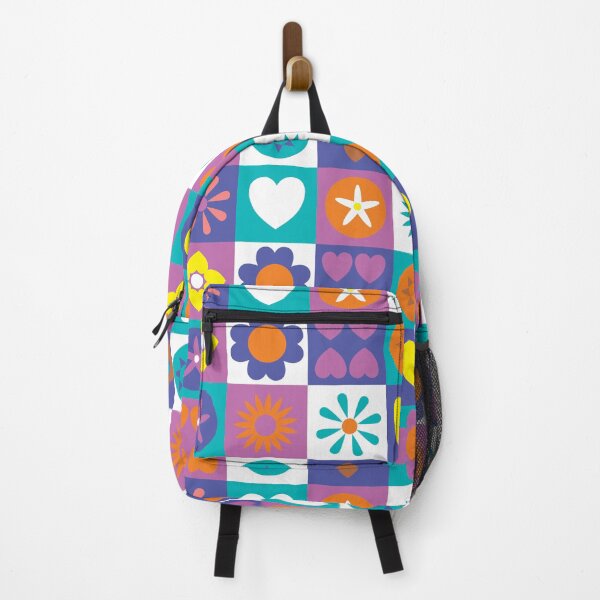 Item preview, Retro-inspired stylized flowers and hearts on checkered background designed and sold by Sheridanlongdog.