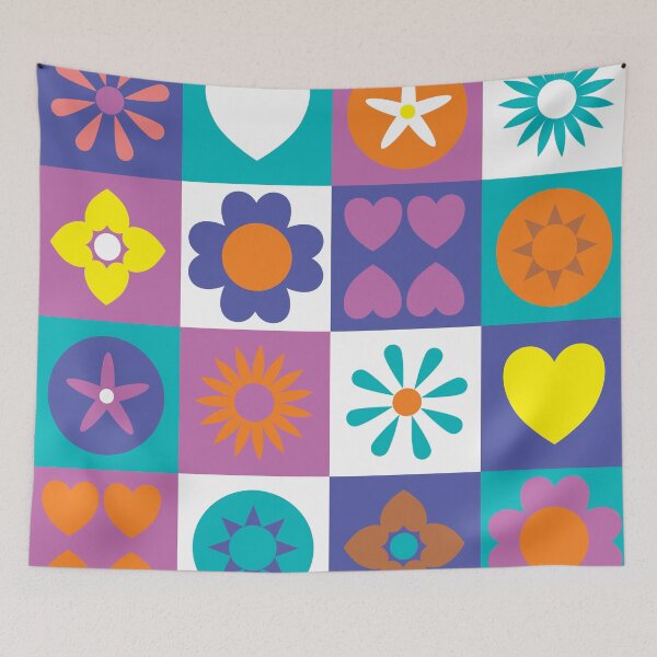 Item preview, Retro-inspired stylized flowers and hearts on checkered background designed and sold by Sheridanlongdog.