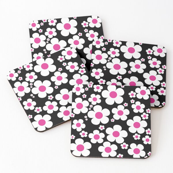 Item preview, Retro Mod 60's Pink and White Flowers Black Background designed and sold by MellowCat.