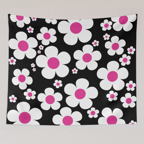 Item preview, Retro Mod 60's Pink and White Flowers Black Background designed and sold by MellowCat.