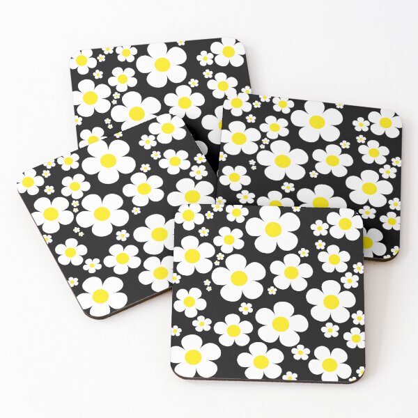 Item preview, Retro Mod 60's Yellow and White Flowers Black Background designed and sold by MellowCat.