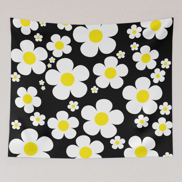 Item preview, Retro Mod 60's Yellow and White Flowers Black Background designed and sold by MellowCat.