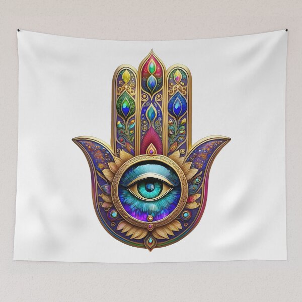 Item preview, Warm Gold Peacock Colors Hamsa Sapphire Turquoise Third Eye designed and sold by Lee Hiller Designs.