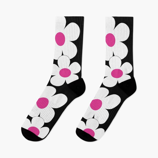 Item preview, 60's Flower Power Pop Flowers White Flowers on Black Pink Centers designed and sold by MellowCat.