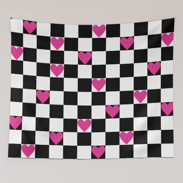 Item preview, Retro 70s Black and White Checkerboard with Pink Hearts designed and sold by MellowCat.