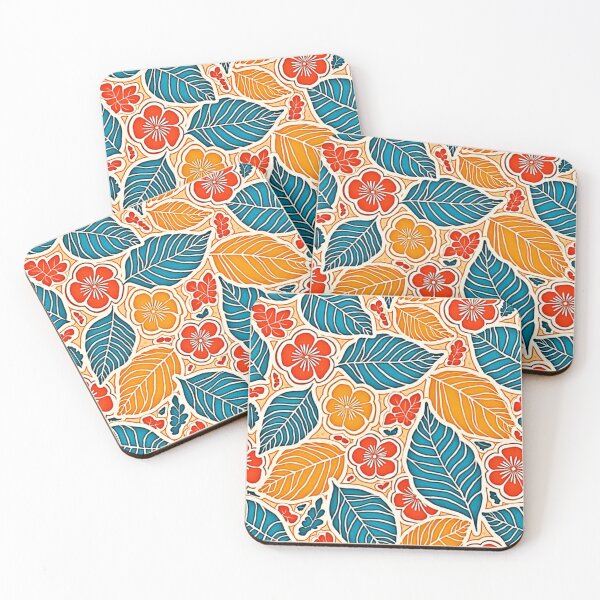 Item preview, Retro Tropical Leaf & Floral Batik Pattern in Teal, Orange, and Red designed and sold by Health And Fitness Posts e-Store.