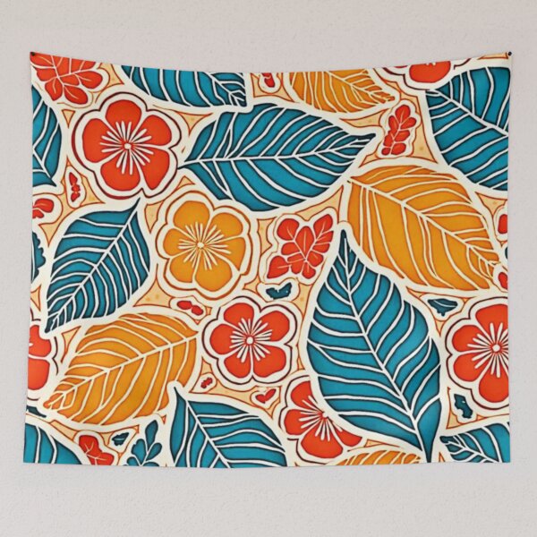 Item preview, Retro Tropical Leaf & Floral Batik Pattern in Teal, Orange, and Red designed and sold by Health And Fitness Posts e-Store.