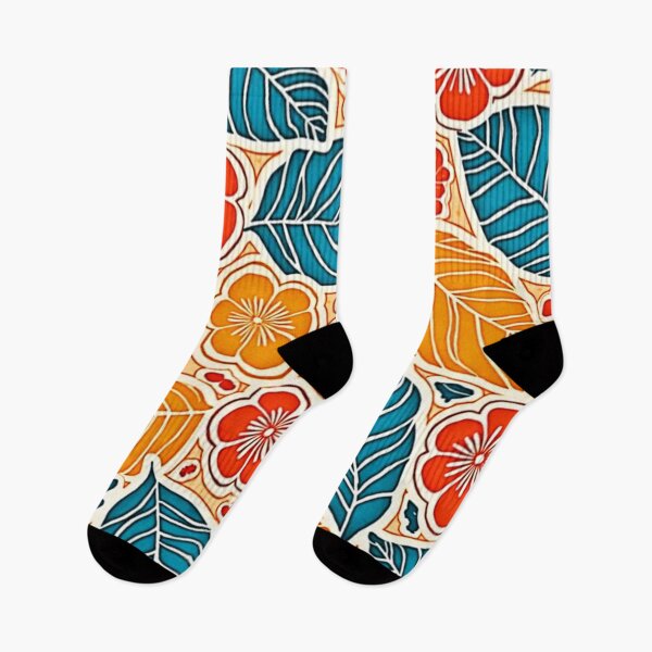 Item preview, Retro Tropical Leaf & Floral Batik Pattern in Teal, Orange, and Red designed and sold by Health And Fitness Posts e-Store.