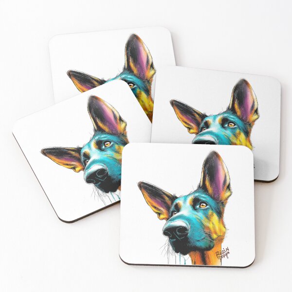Item preview, German Shepherd Close-Up Portrait – Turquoise Orange Ink Splash Line Art designed and sold by Rozin-Design.