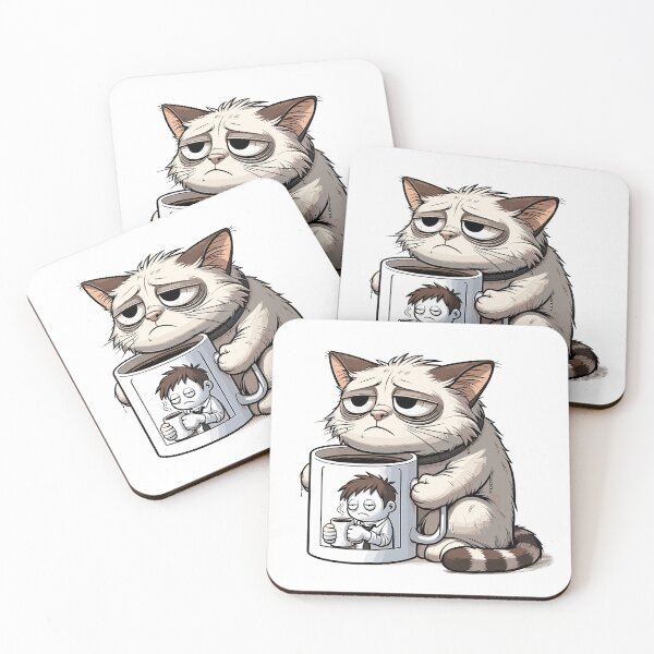 Item preview, Morning Mood Cat with Coffee – Grumpy Tired Kitty Illustration designed and sold by CyfroweMysli.