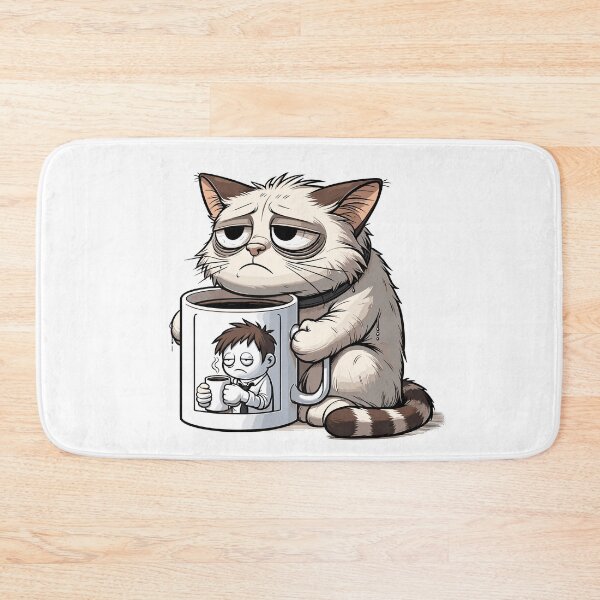Item preview, Morning Mood Cat with Coffee – Grumpy Tired Kitty Illustration designed and sold by CyfroweMysli.
