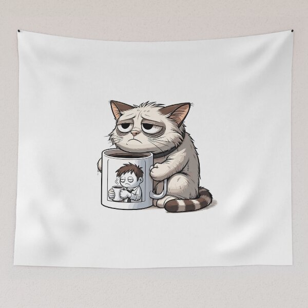Item preview, Morning Mood Cat with Coffee – Grumpy Tired Kitty Illustration designed and sold by CyfroweMysli.