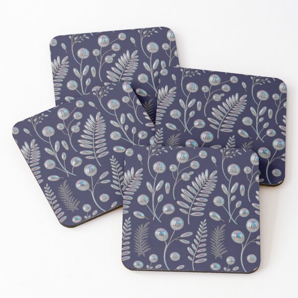 Item preview, Y3K Chrome Botanical Pattern Midnight Navy Holographic Silver Floral designed and sold by dose-of-art-lab.