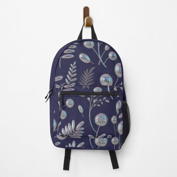 Item preview, Y3K Chrome Botanical Pattern Midnight Navy Holographic Silver Floral designed and sold by dose-of-art-lab.