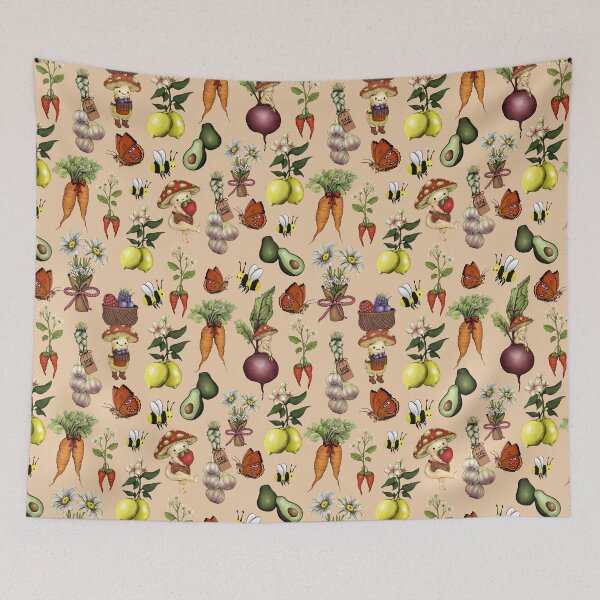 Item preview, Whimsical Mushroom Garden Pattern with Fruits, Vegetables & Bees designed and sold by ReaDillo.