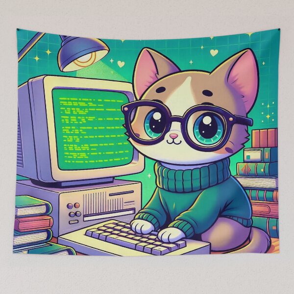 Item preview, Cute Nerdy Cat Retro Computer Cartoon designed and sold by CuteThingsWorld.