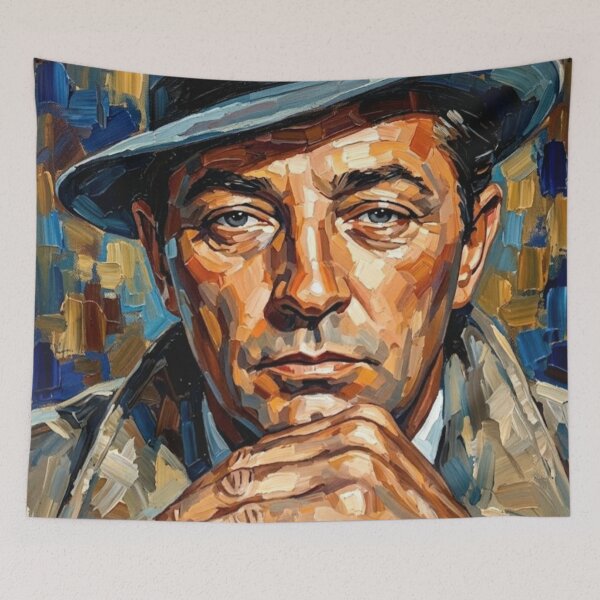 Item preview, The Noir Anti-Hero: Robert Mitchum Trench Coat Impasto Portrait designed and sold by Art's Diner.