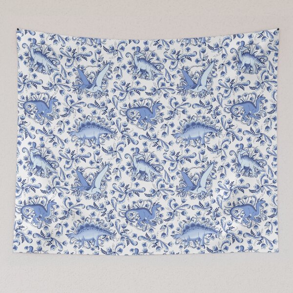 Item preview, Jurassic Delft in Blue - Dinosaurs in Florals designed and sold by mikaelaK.