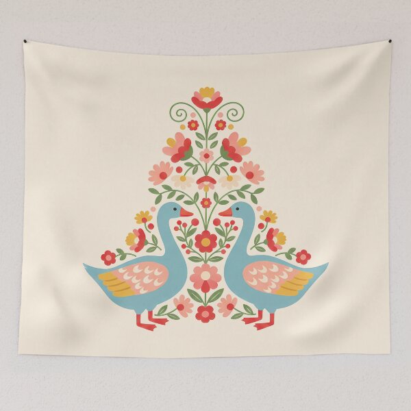 Item preview, Flower Patterned Blue Geese in Decorative Motifs – Scandinavian Folk Art by heidiannemorris © designed and sold by FOLK ART FUSION by heidiannemorris.