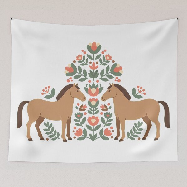 Artikelvorschau, Pferde mit Blumenmuster in dekorativen Motiven – Skandinavische Volkskunst von heidiannemorris © entworfen und verkauft von FOLK ART FUSION by heidiannemorris.