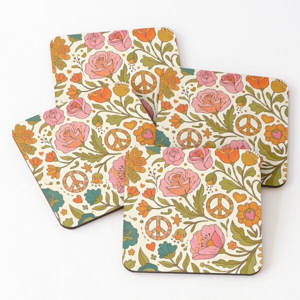 Item preview, Vintage 70s Boho Flower Power & Peace Sign Floral Pattern designed and sold by Far Out Goods.