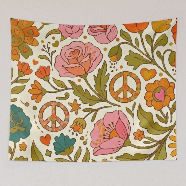 Item preview, Vintage 70s Boho Flower Power & Peace Sign Floral Pattern designed and sold by Far Out Goods.