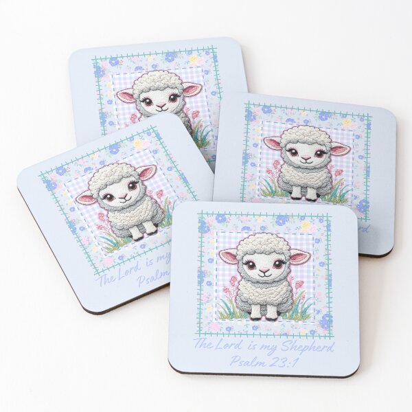 Item preview, The Lord is my Shepherd, Cute Sheep, Psalm 231, Grandma Core,  Lamb, Floral Patchwork  Embroidery Blue  designed and sold by Forevermore.