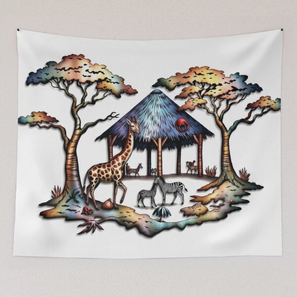Item preview, African Animals Near Hut Large designed and sold by tambanow.