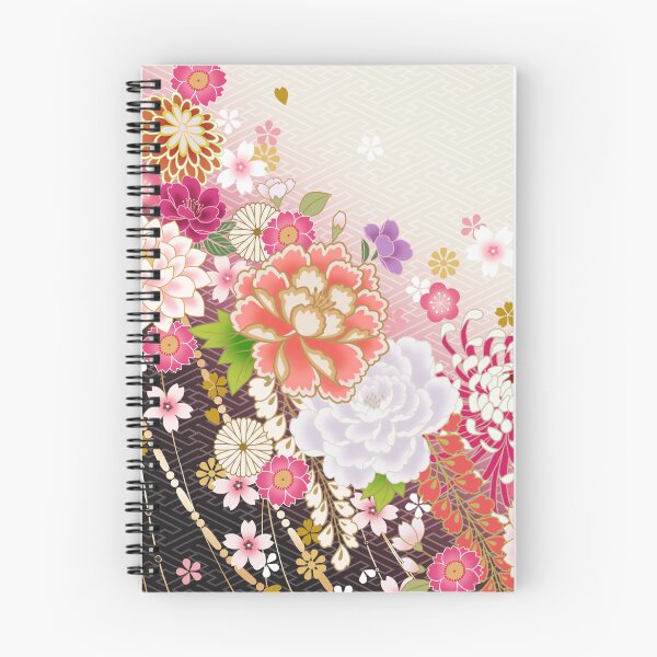Artikelvorschau, Japanisches Blumenmuster in Schwarz und Creme mit Chrysanthemen und Pfingstrosen entworfen und verkauft von Sanagiatelier.