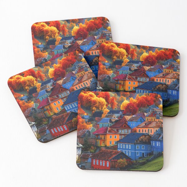 Item preview, Vibrant Autumn Village Surrounded by Colorful Trees designed and sold by Artessie.