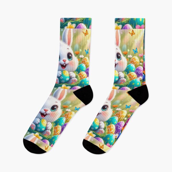 Item preview, Cute White Easter Bunny with Colorful Eggs designed and sold by PixelVibe782.
