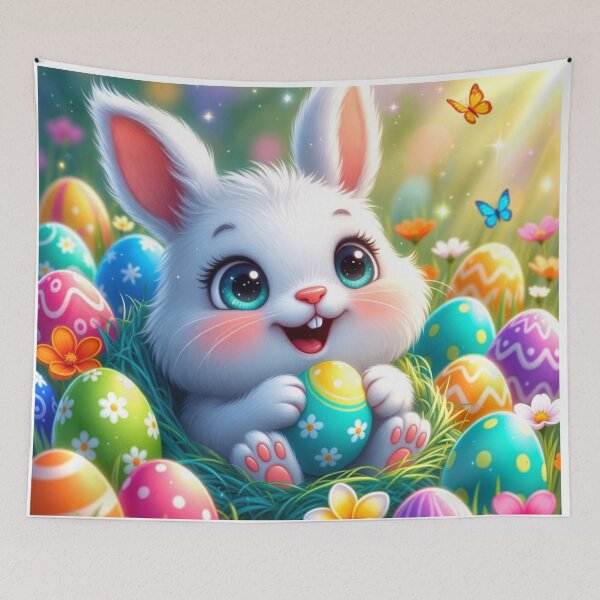 Item preview, Cute White Easter Bunny with Colorful Eggs designed and sold by PixelVibe782.