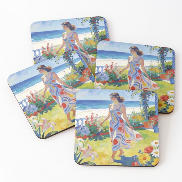 Item preview, Romantic Blooming Garden Artwork, Scenic Backyard with Ocean View designed and sold by BlareBlare.