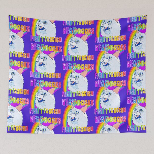 Item preview, read books and fight fascism- rainbow reading cat designed and sold by crestfallenmermaid.
