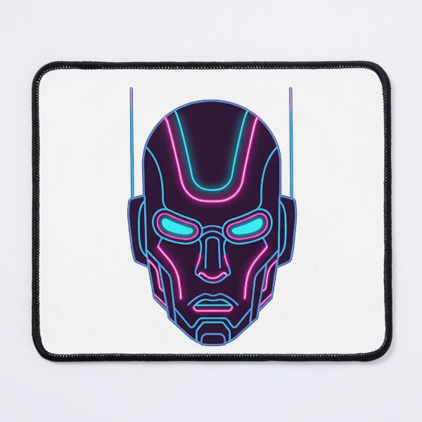 Item preview, Cyberpunk robot face with glowing blue eyes and neon pink accents on a black canvas designed and sold by VerizalShop.