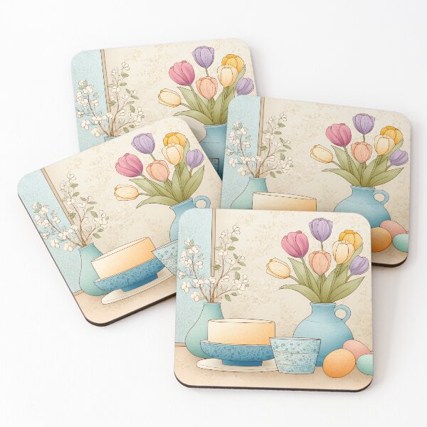 Item preview,  Pastel Easter Cake with Tulips and Colorful Eggs – Spring Table Illustration designed and sold by BobaBunny76.