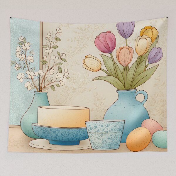 Item preview,  Pastel Easter Cake with Tulips and Colorful Eggs – Spring Table Illustration designed and sold by BobaBunny76.