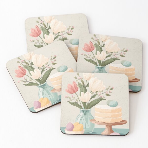 Item preview,  Pastel Easter Cake with Tulips and Colorful Eggs – Spring Table Illustration designed and sold by BobaBunny76.
