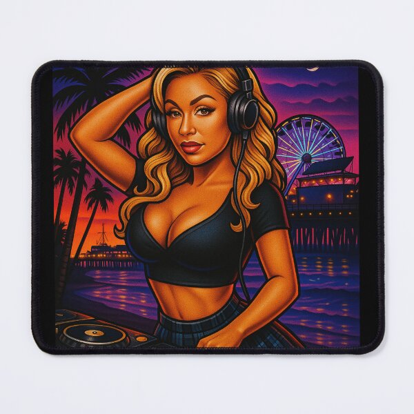 Item preview, DJ Bombshell Daybreak: West Coast Beach DJ Goddess in Bold Chicano Ink Style designed and sold by DyfunctionalTee.