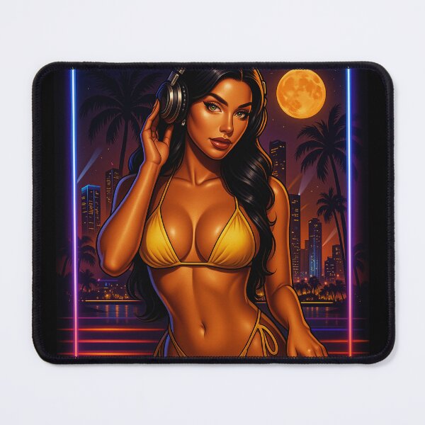Item preview, DJ Bombshell Tattoo Style Graphic Tee – Brunette DJ Neon Beach Nightclub Streetwear Art designed and sold by DyfunctionalTee.