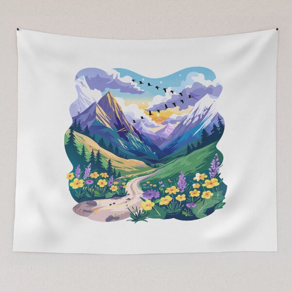 Item preview, Mountain Valley Wildflower Path - Vibrant Sunset Nature Art Print designed and sold by DesignArtist.ia.