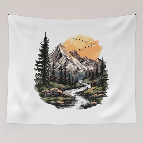 Item preview, Sunset Mountain Valley Sketch - Hand-Drawn Nature Adventure Art Print designed and sold by DesignArtist.ia.